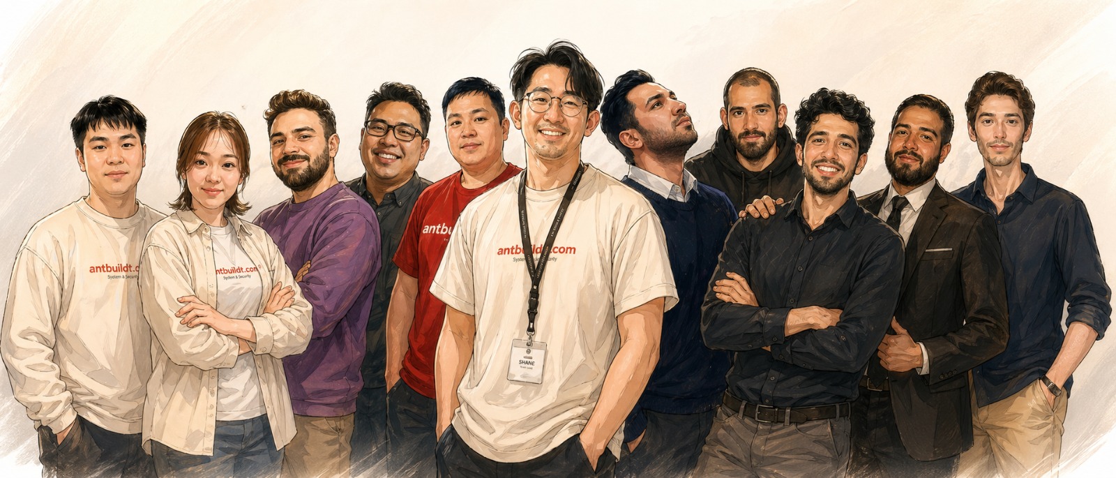 Illustrated Antbuildz team portrait in hand-painted sketch style